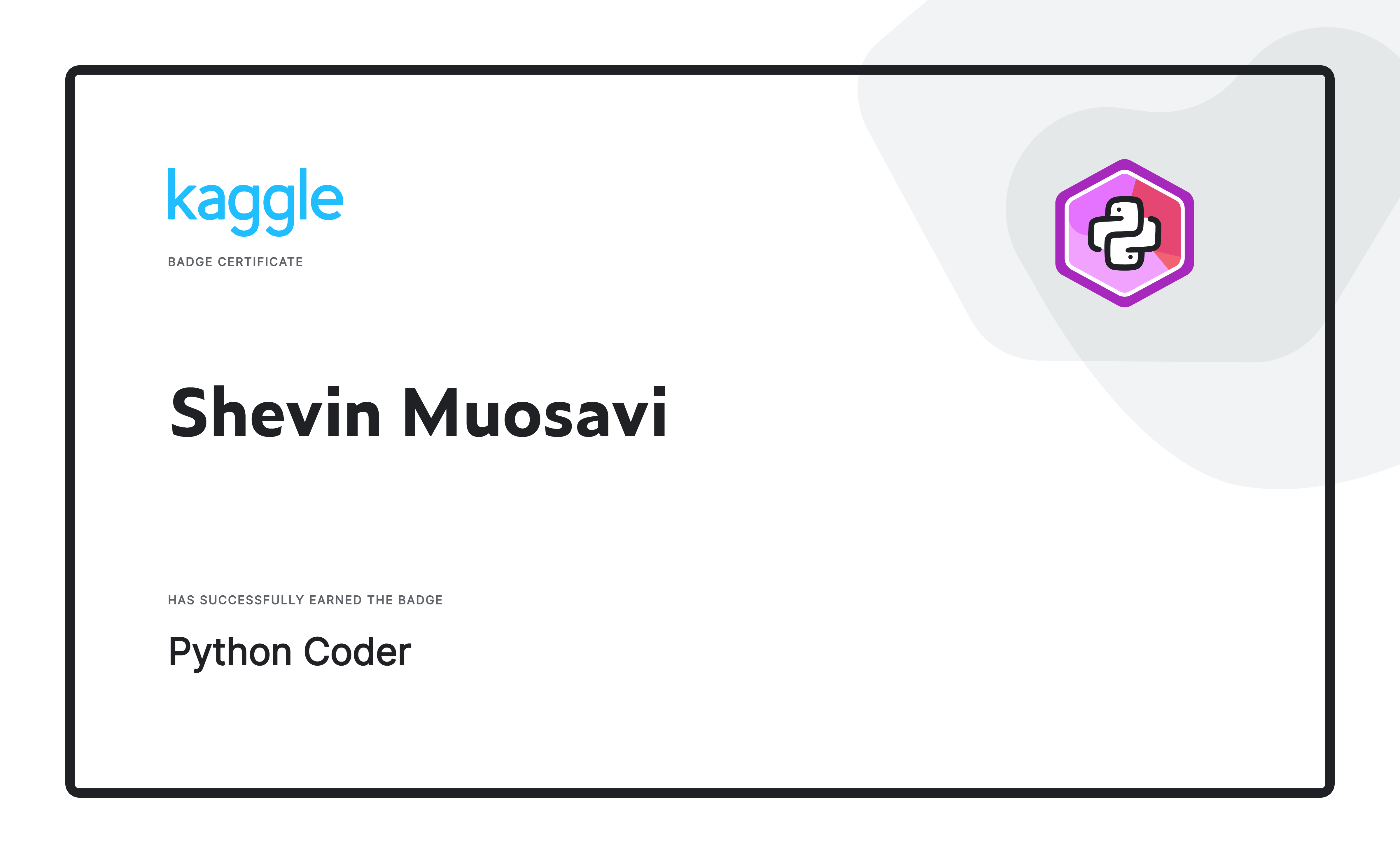  مدرک تخصصی شروین موسوی در حوزه هوش مصنوعی برنامه نویس پایتون 